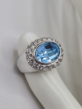 Swarovski Crystal Elements Silver Statement Ring Aquamarine Blue Halo Size 7